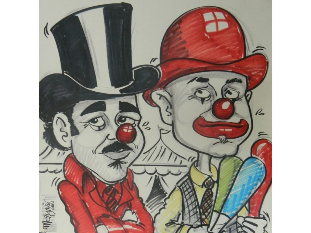 Dessin caricatural de deux clowns avec traits comiques et expressions amplifiées