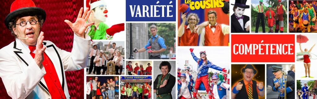 Bannière d’accueil du site de Bernard Lebel présentant un collage d’artistes de cirque : clowns, musiciens, magiciens, échassiers et jongleurs en pleine action. Le mot “variété” apparaît sur une case, “compétence” sur une autre. Sur le côté, Bernard Lebel, artiste et directeur artistique, est mis en valeur.