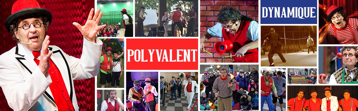 Bannière de contact du site de Bernard Lebel présentant un collage d’artistes de cirque : clowns, musiciens, magiciens, échassiers et jongleurs en pleine action. Le mot “Polyvalent” apparaît sur une case, “dynamique” sur une autre. Sur le côté, Bernard Lebel, artiste et directeur artistique, est mis en valeur.