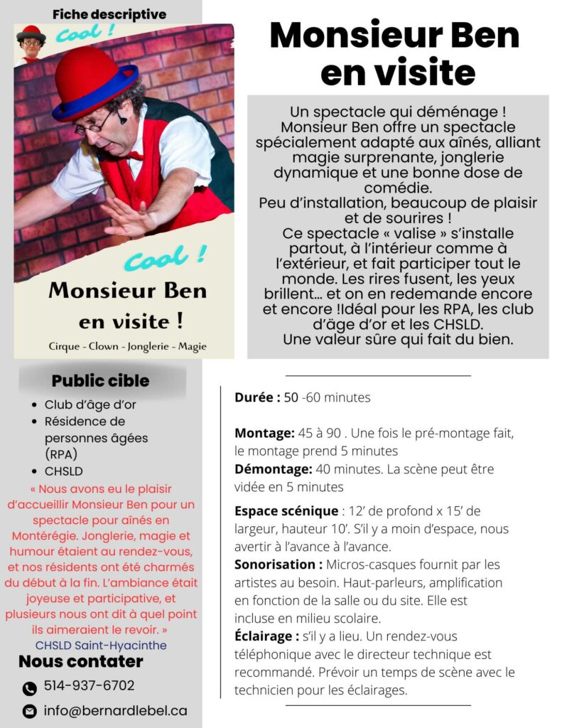 Spectacle pour les aînés offrant de la magie, jonglerie, cirque et humour