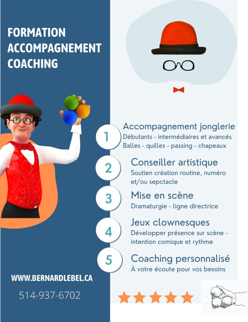 Formation et coaching en jonglerie : affichette promotionnelle pour un accompagnement artistique sur mesure (jeu clownesque, mise en scène, jonglerie de balles, quilles, chapeaux, passing). Offert aux débutants et niveaux intermédiaires.
