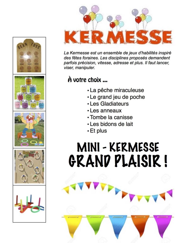 Affichette promotionnelle des jeux de kermesse : visuels de jeux d’adresse et d’animation extérieure pour fêtes, écoles, camps ou événements familiaux.