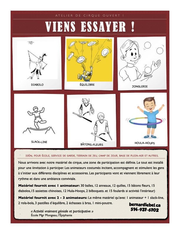 Atelier de cirque “Viens essayer” : visuels de jonglerie, diabolo, slackline, hula-hoop, équilibre et bâton fleur. Activité clé en main pour écoles, camps, services de garde et événements jeunesse.