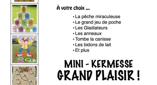 Affichette promotionnelle des jeux de kermesse : visuels de jeux d’adresse et d’animation extérieure pour fêtes, écoles, camps ou événements familiaux.
